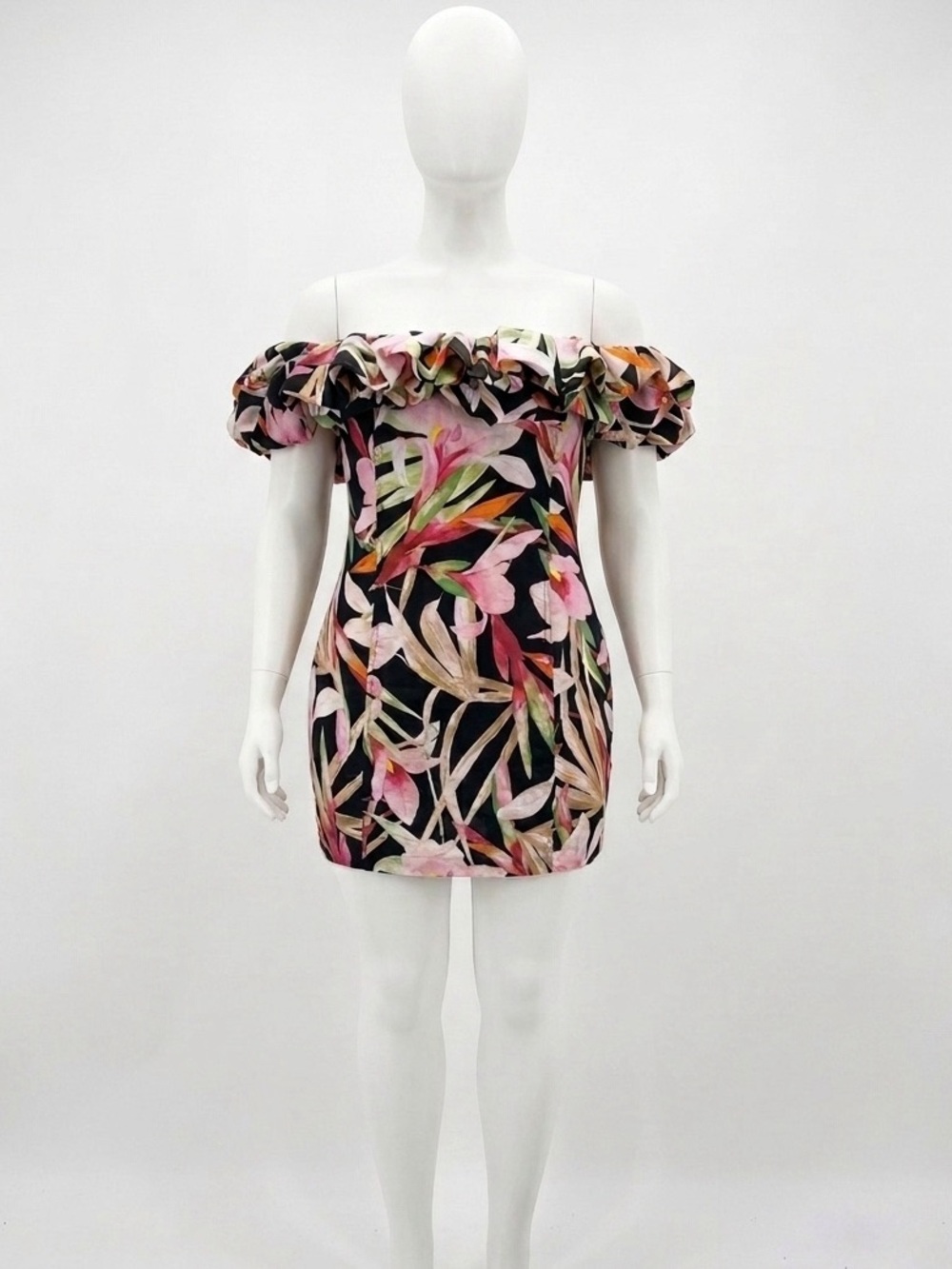 H&M Off-Shoulder Linen Floral Tropical Mini Dress in Black, Pink and Green XL
